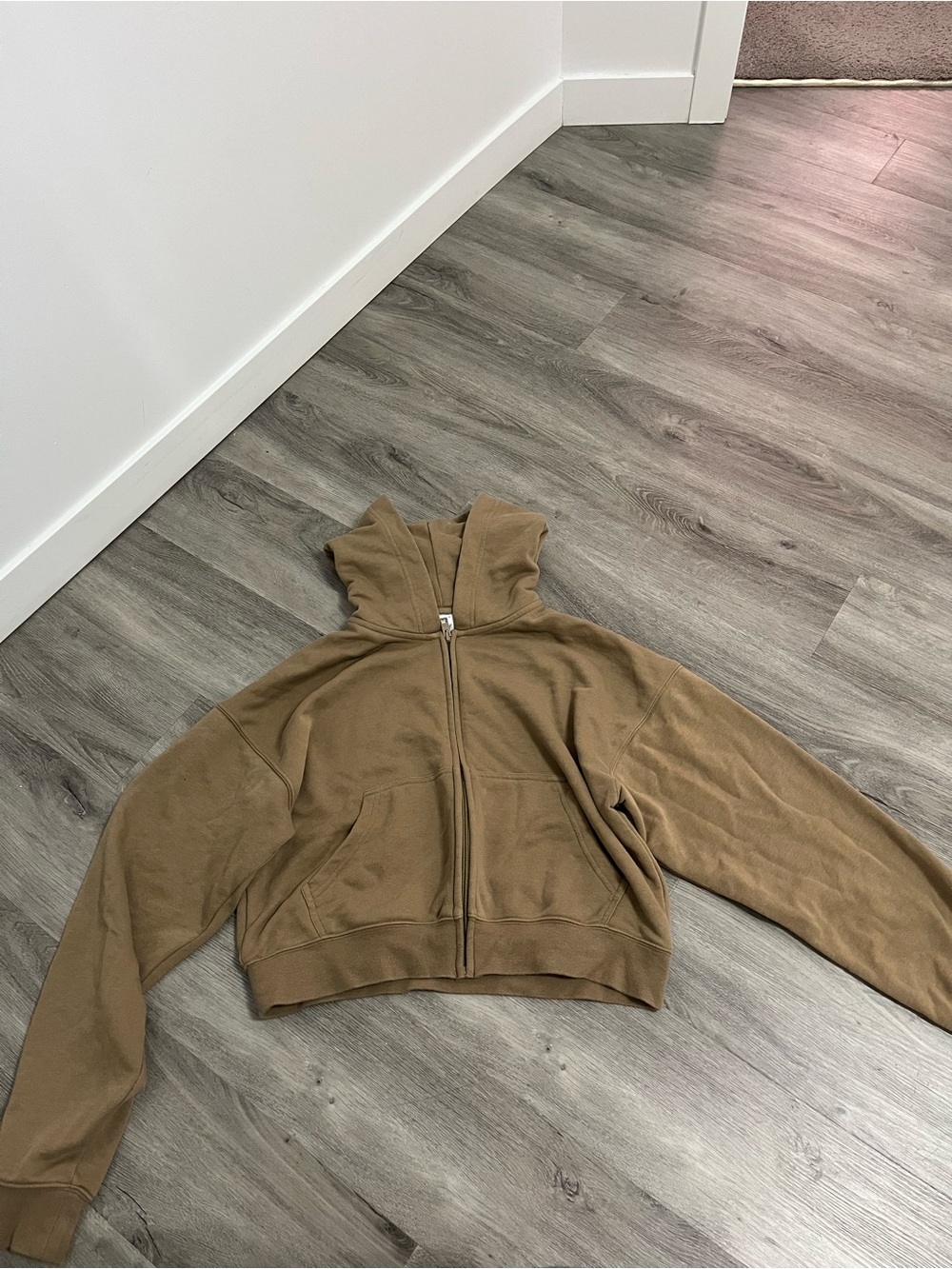 Aritzia Cropped Zip boxy Hoodie in Camel